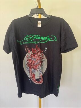 Ed Hardy Black Tee with Red Seadragon and Green Logo